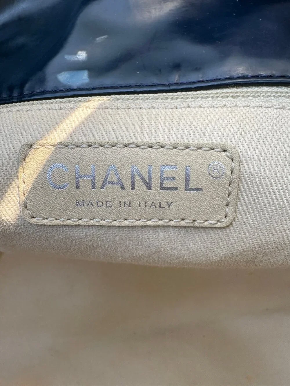 CHANEL Navy Blue Quilted Patent Leather Tote Bag Silver Chain Shoulder Bag - Picture 13 of 16